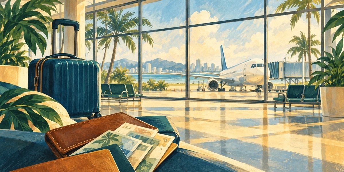 Ilustración de una maleta y una cartera frente a un avión en una terminal tropical.
