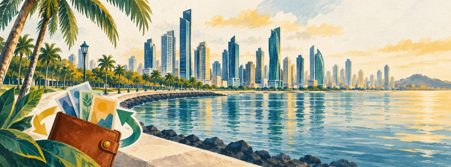 Ilustración de la bahía de Ciudad de Panamá con una cartera y billetes de distintas monedas.